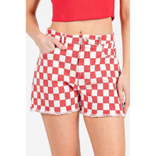 Load image into Gallery viewer, GAME DAY CHECKERED FRAYED HEM CASUAL SHORTS: WASHED RED / S-M-L(2-2-2)