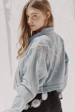 Load image into Gallery viewer, Denim Waist Length Rhinestone Fringe Jacket: CAMEL
