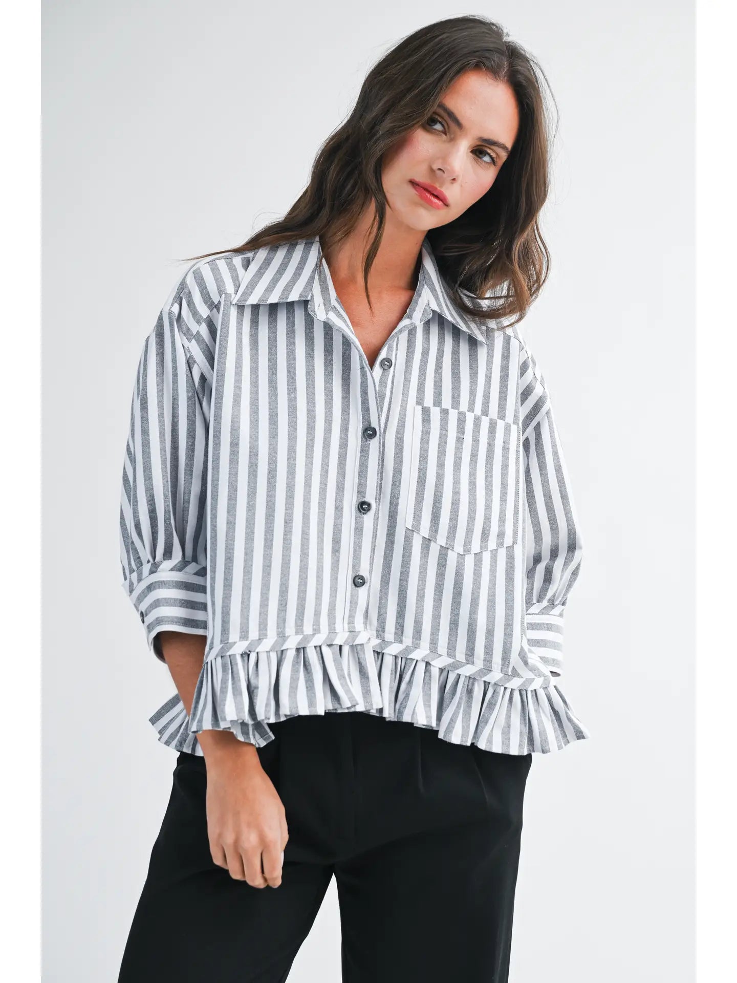 Striped Ruffle Hem Button Down