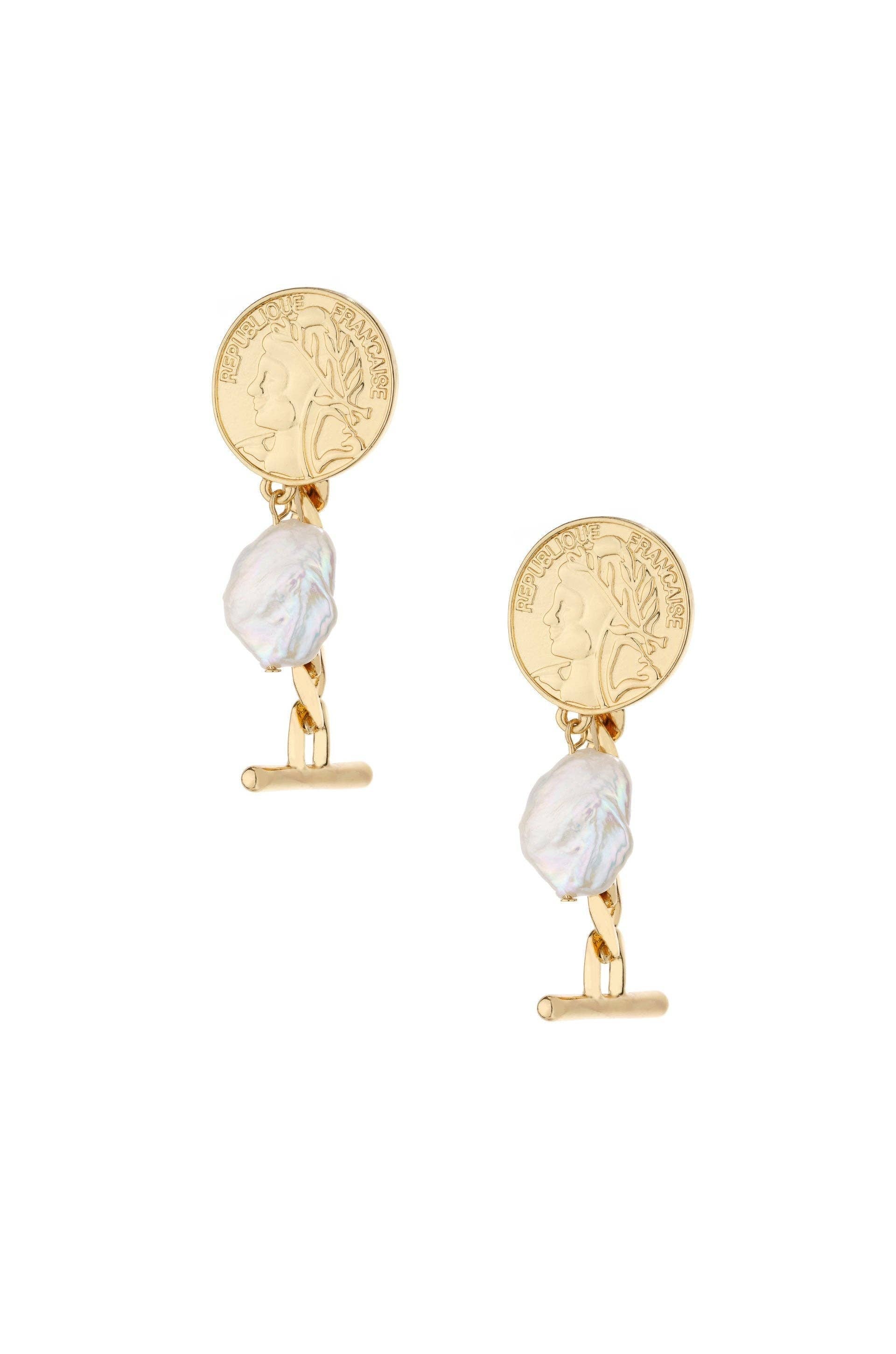 Ancient Coin and Pearl Charm 18k Gold Plated Drop Earrings