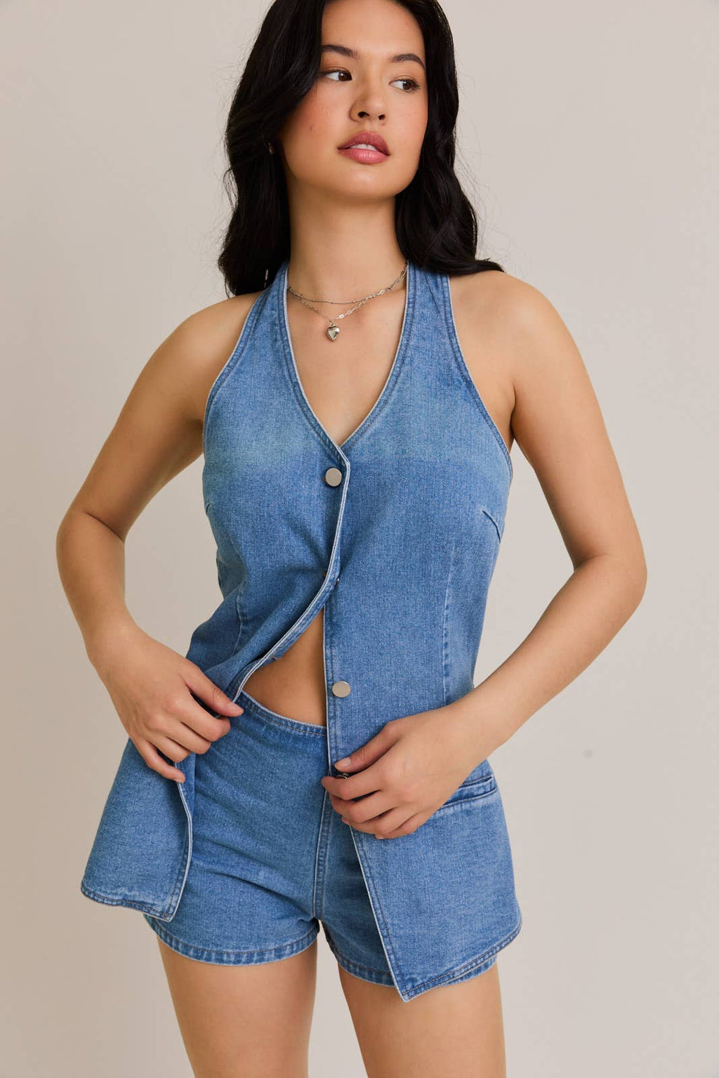 DENIM VEST-STYLE ROMPER WITH MICRO SHORTS