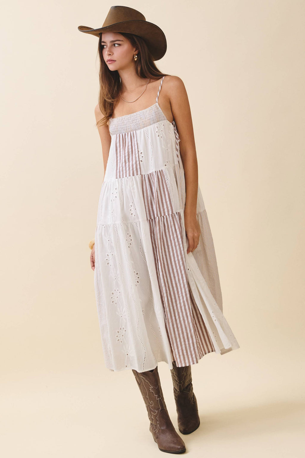 Patchwork Tiered Midi Dress: Brown