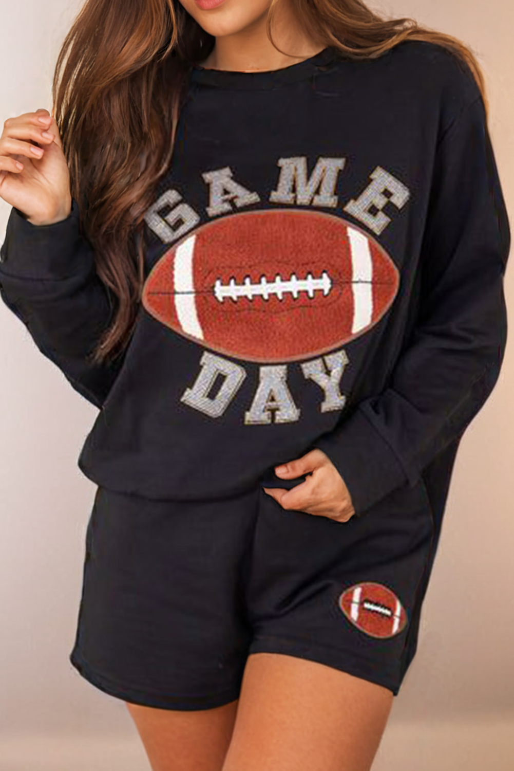 GAME DAY Rugby Football Graphic Pullover and Shorts Set: Black / Missy / L