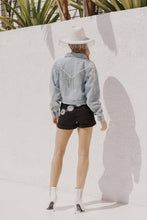 Load image into Gallery viewer, Denim Waist Length Rhinestone Fringe Jacket: CAMEL
