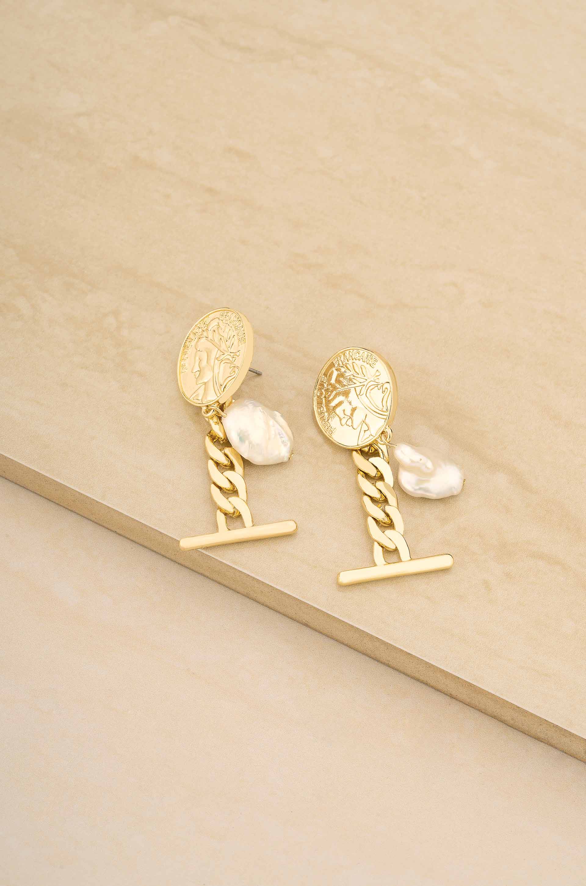 Ancient Coin and Pearl Charm 18k Gold Plated Drop Earrings