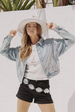 Load image into Gallery viewer, Denim Waist Length Rhinestone Fringe Jacket: CAMEL
