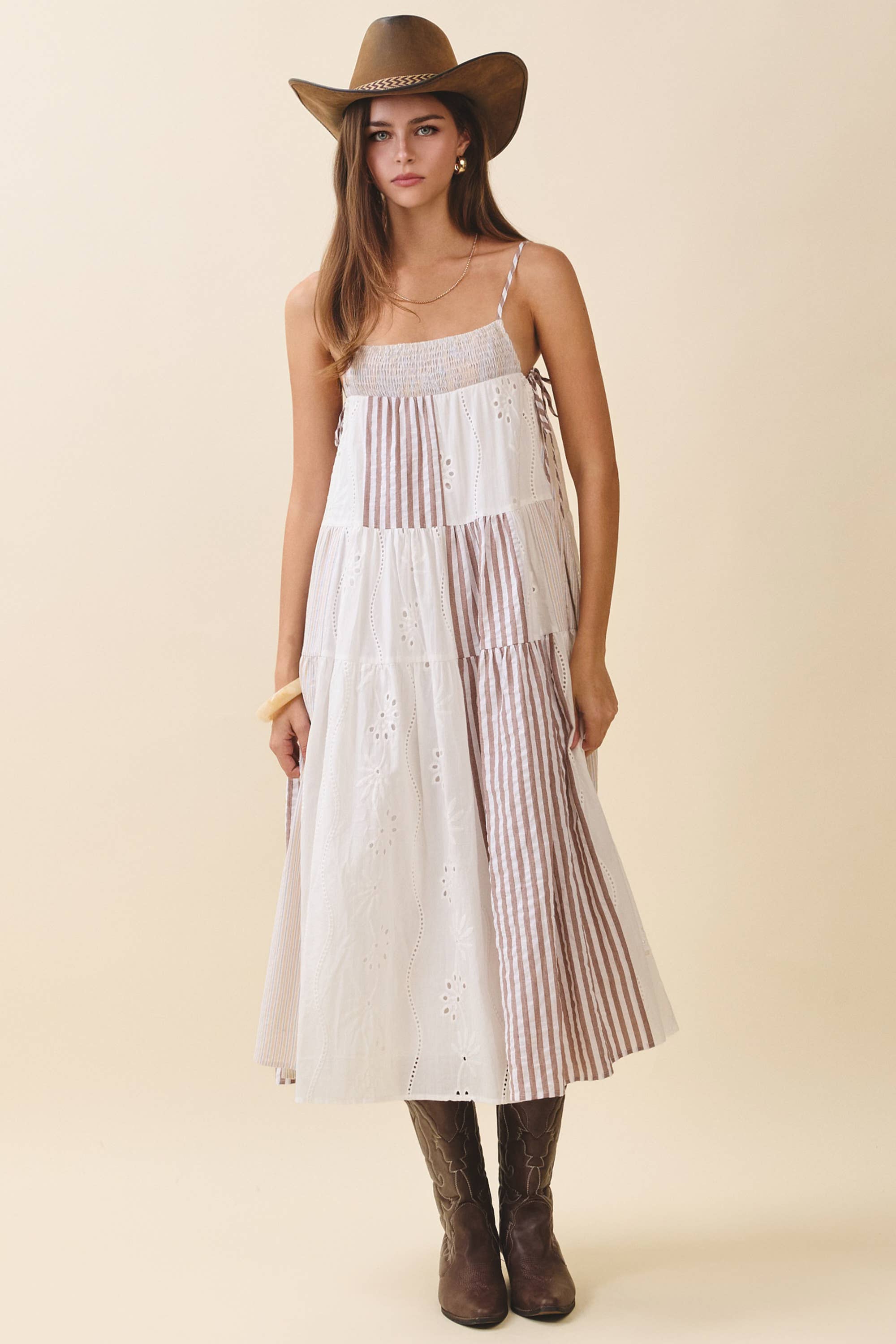 Patchwork Tiered Midi Dress: Brown