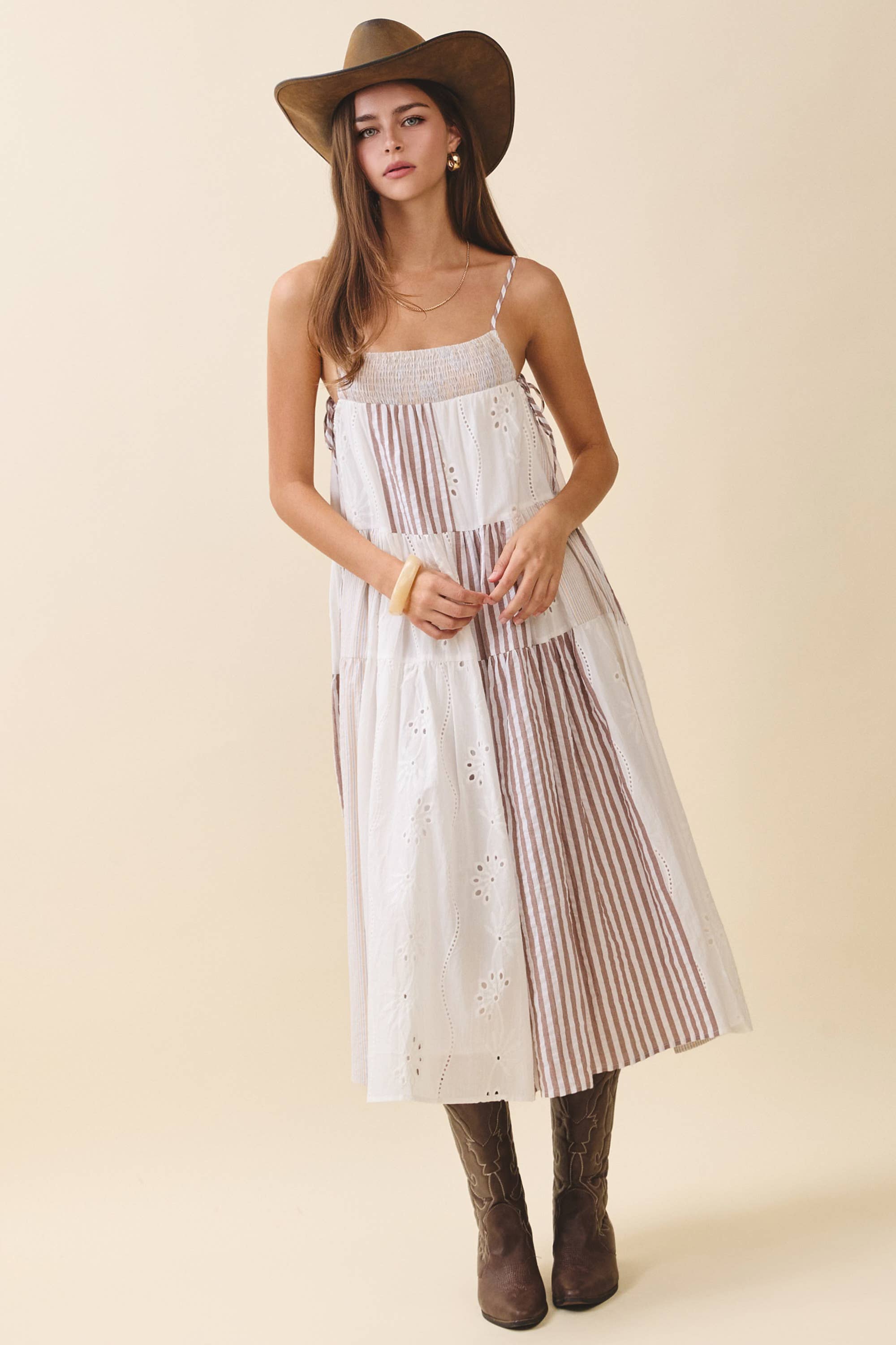 Patchwork Tiered Midi Dress: Brown