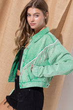Load image into Gallery viewer, Denim Waist Length Rhinestone Fringe Jacket: CAMEL
