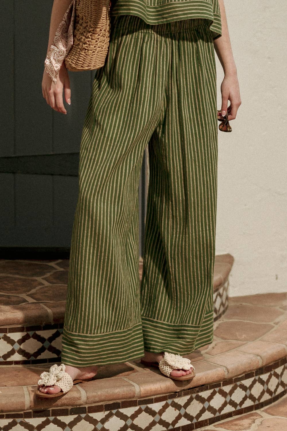 Green Striped Wide Leg Pants