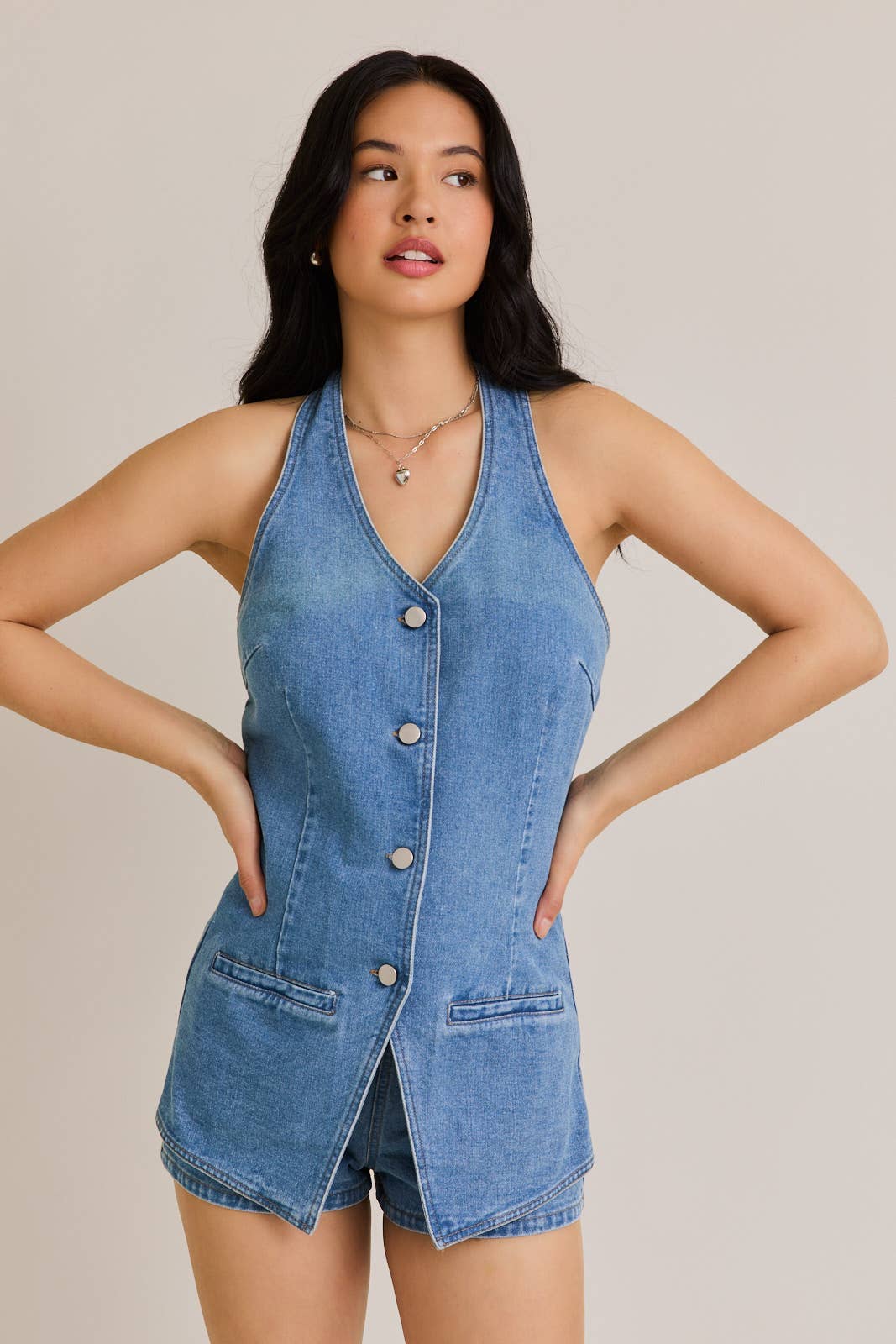 DENIM VEST-STYLE ROMPER WITH MICRO SHORTS