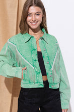Load image into Gallery viewer, Denim Waist Length Rhinestone Fringe Jacket: CAMEL
