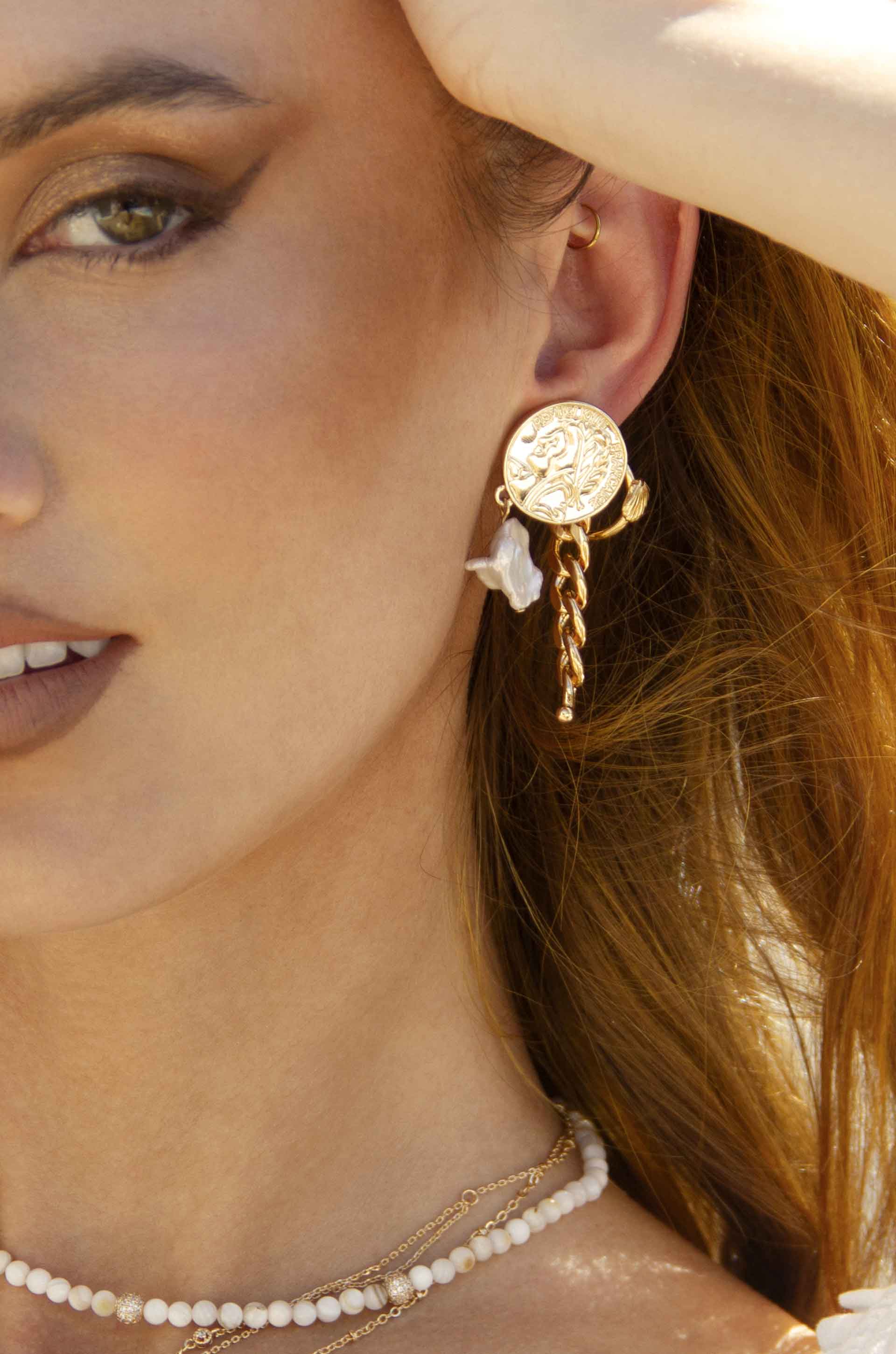 Ancient Coin and Pearl Charm 18k Gold Plated Drop Earrings