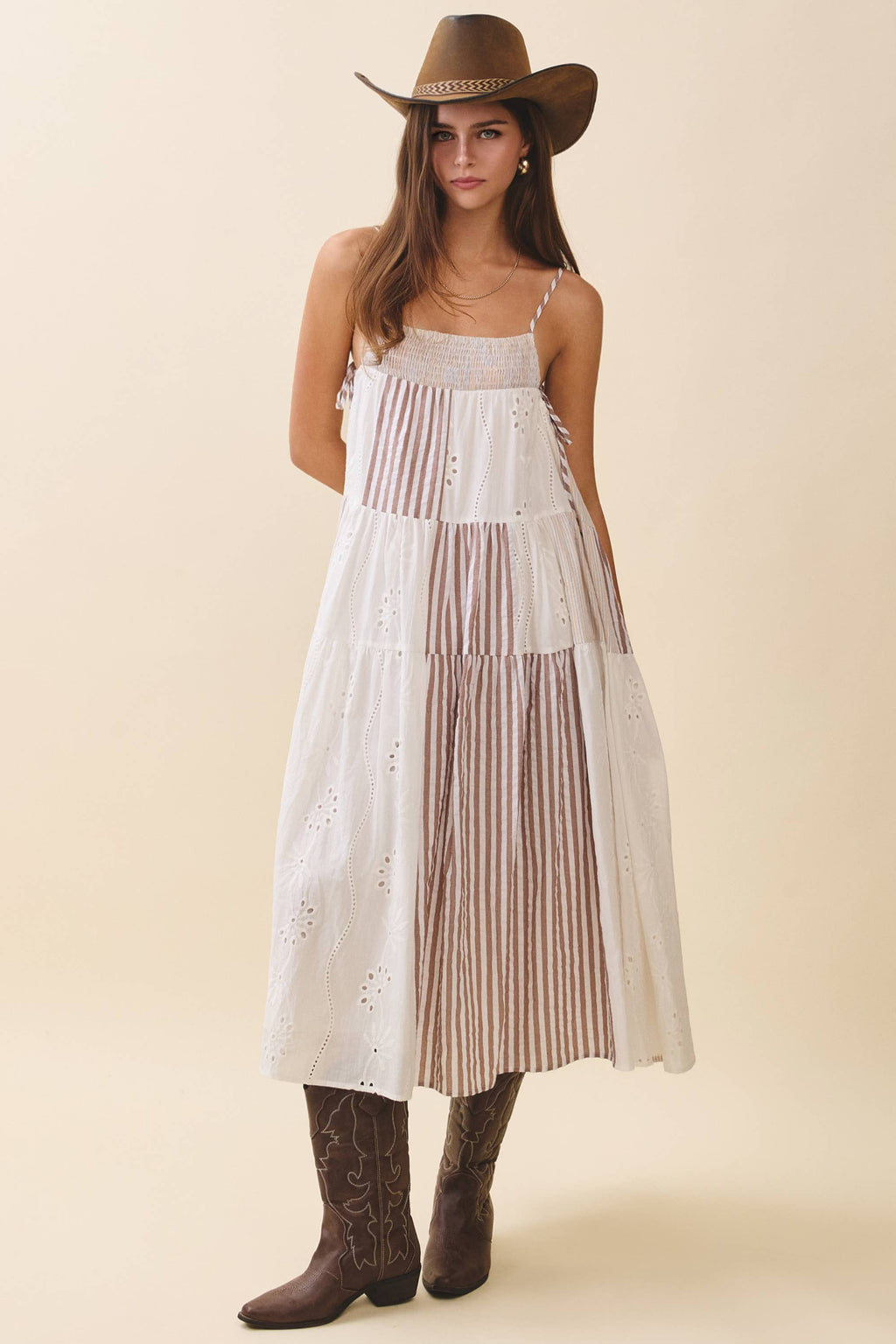 Patchwork Tiered Midi Dress: Brown
