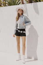 Load image into Gallery viewer, Denim Waist Length Rhinestone Fringe Jacket: CAMEL
