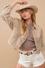 Load image into Gallery viewer, Denim Waist Length Rhinestone Fringe Jacket: CAMEL
