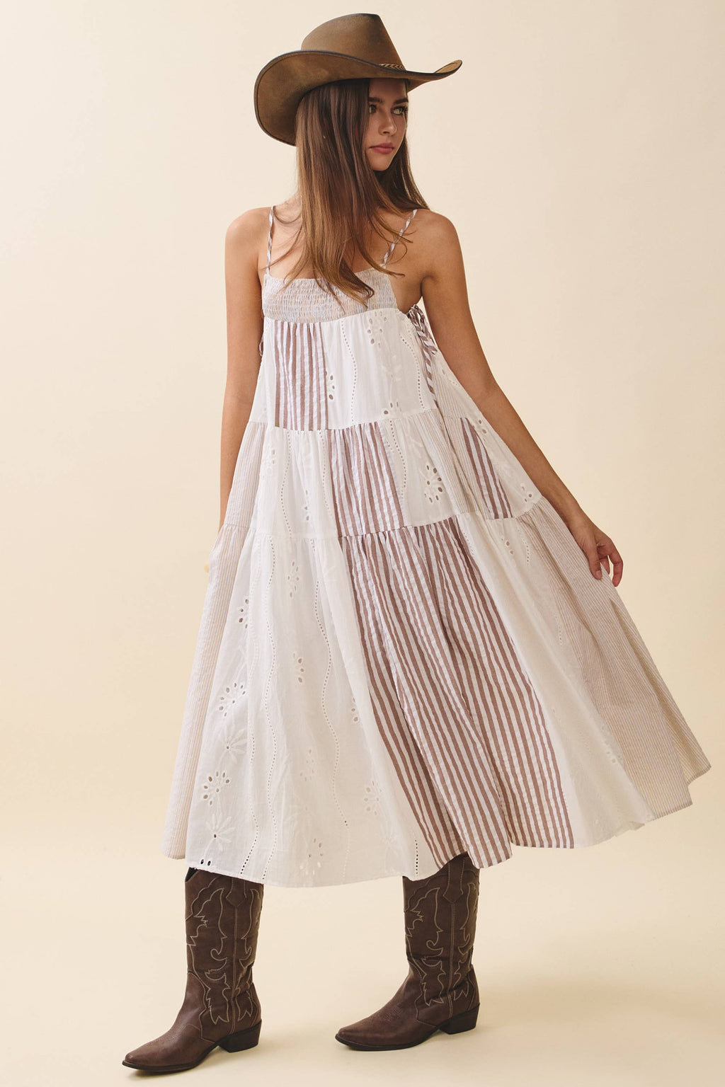 Patchwork Tiered Midi Dress: Brown