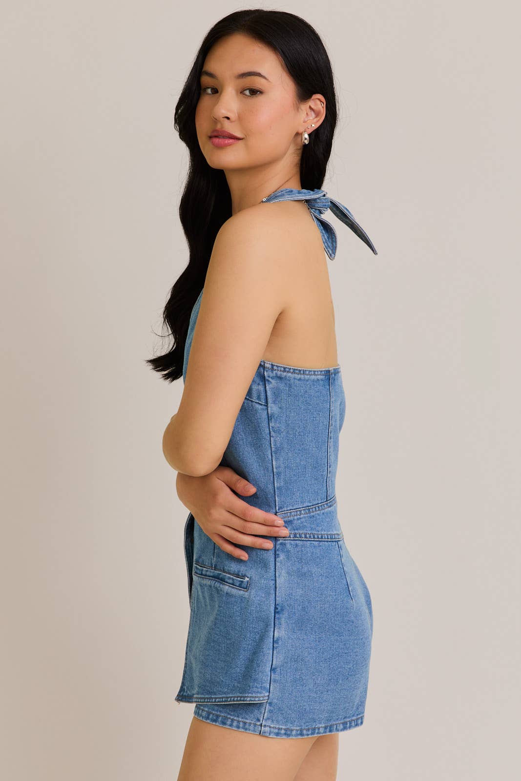 DENIM VEST-STYLE ROMPER WITH MICRO SHORTS