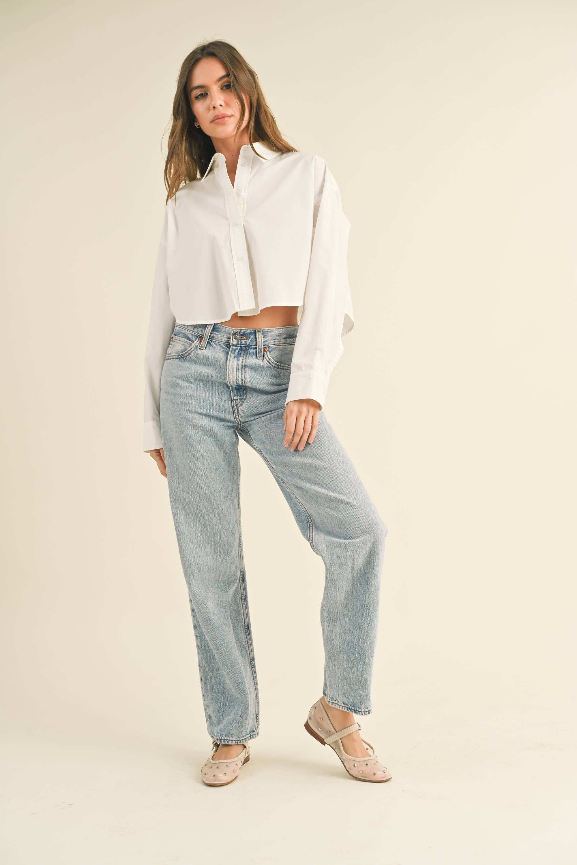 Long Sleeved Cropped Button Down Shirt