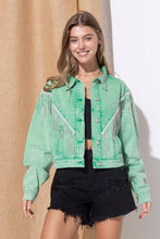 Load image into Gallery viewer, Denim Waist Length Rhinestone Fringe Jacket: CAMEL
