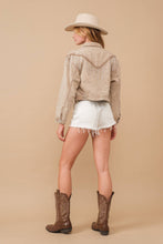 Load image into Gallery viewer, Denim Waist Length Rhinestone Fringe Jacket: CAMEL
