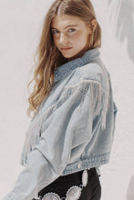 Load image into Gallery viewer, Denim Waist Length Rhinestone Fringe Jacket: CAMEL
