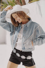 Load image into Gallery viewer, Denim Waist Length Rhinestone Fringe Jacket: CAMEL
