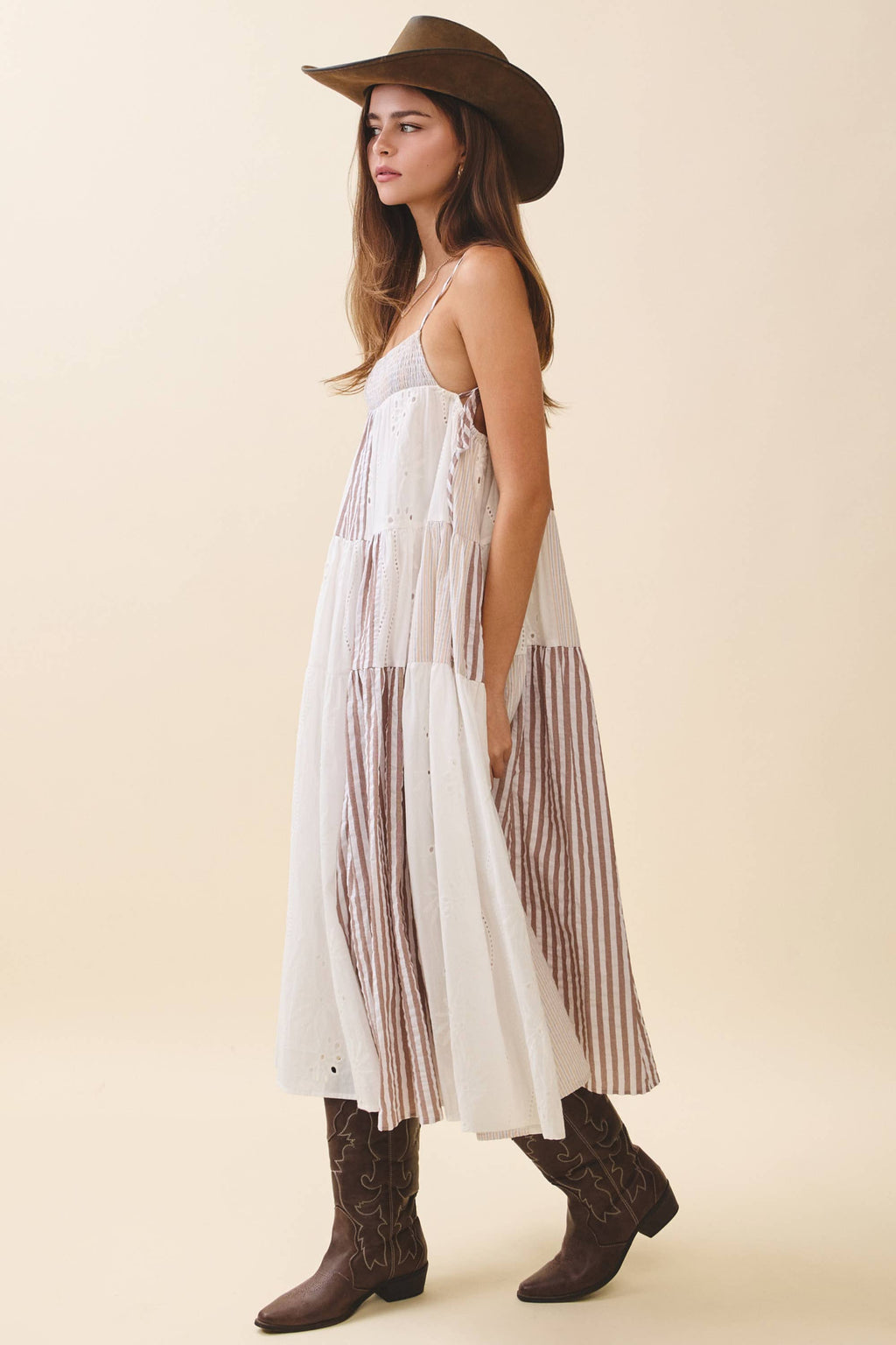 Patchwork Tiered Midi Dress: Brown