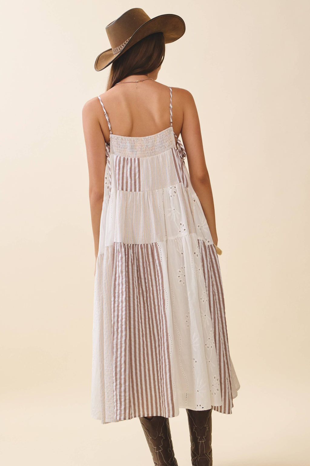 Patchwork Tiered Midi Dress: Brown