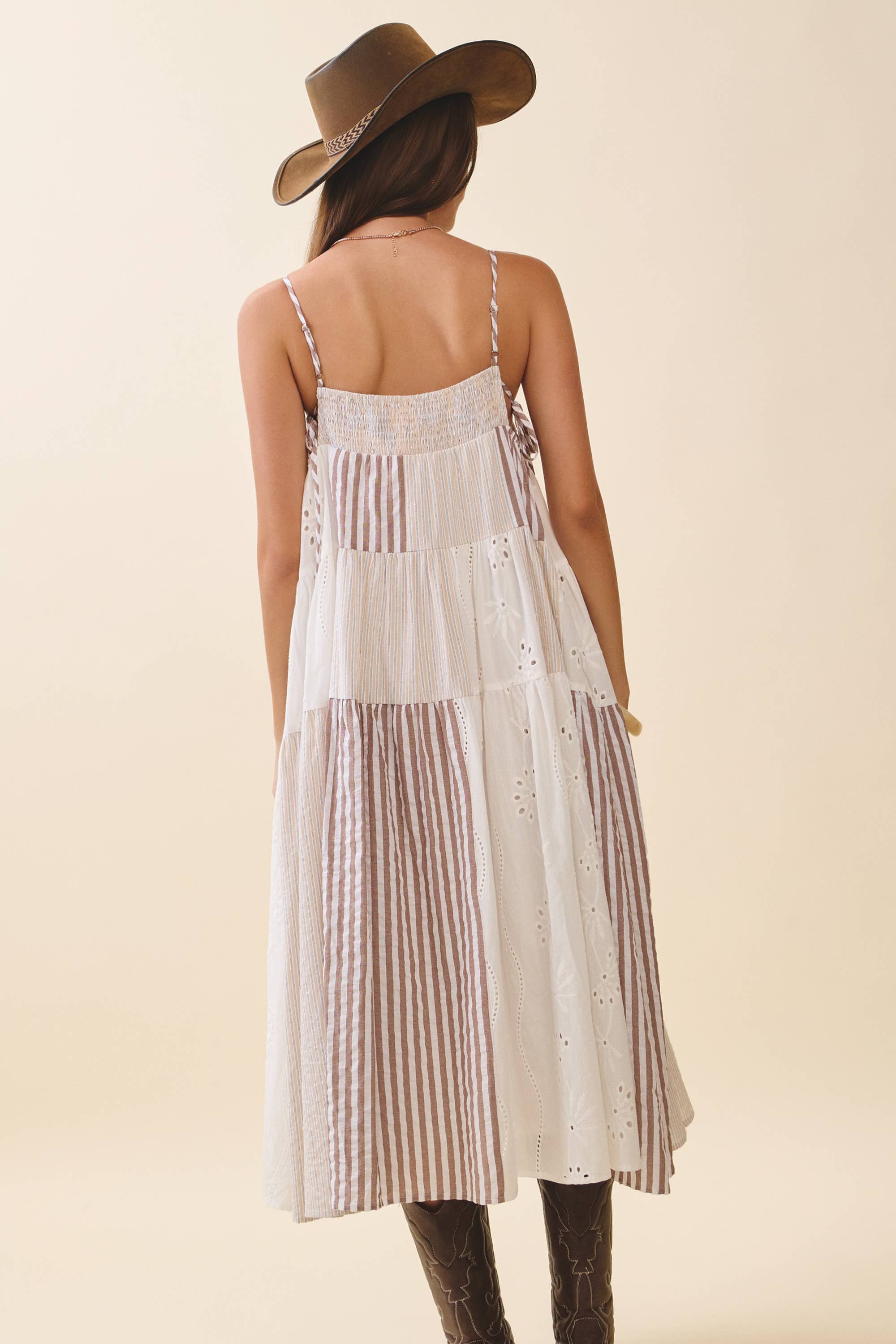 Patchwork Tiered Midi Dress: Brown