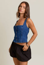 Load image into Gallery viewer, FRONT PLEATED DETAIL SLEEVELESS DENIM TOP
