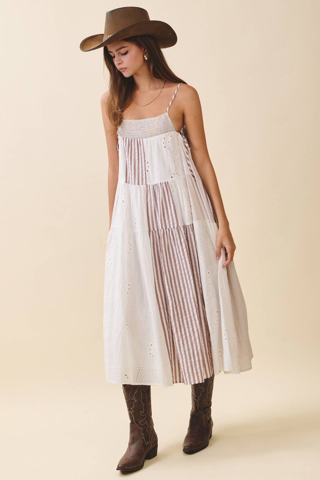 Patchwork Tiered Midi Dress: Brown