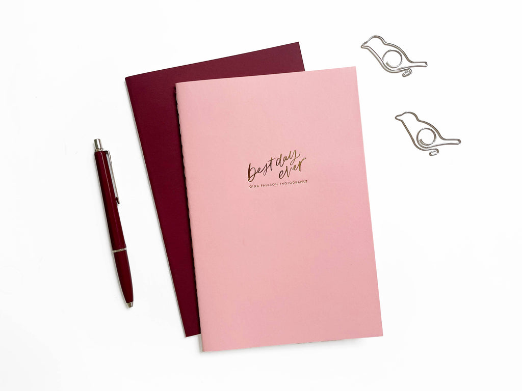 Custom Logo Foil Embossed Medium Saddle Stitch Notebook: Gold / Burgundy
