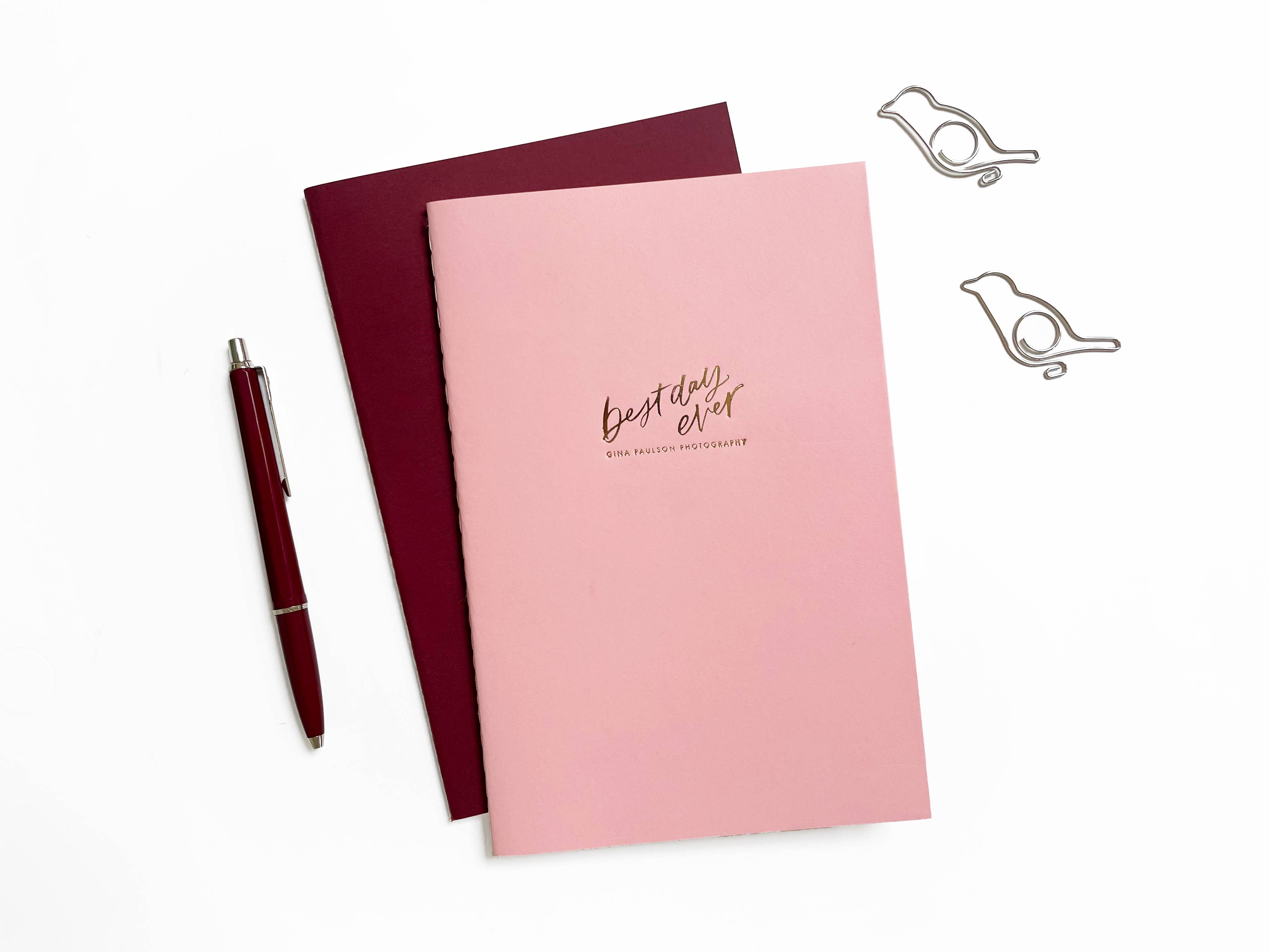 Custom Logo Foil Embossed Medium Saddle Stitch Notebook: Gold / Burgundy