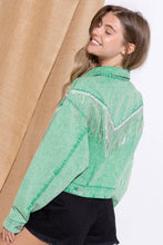 Load image into Gallery viewer, Denim Waist Length Rhinestone Fringe Jacket: CAMEL
