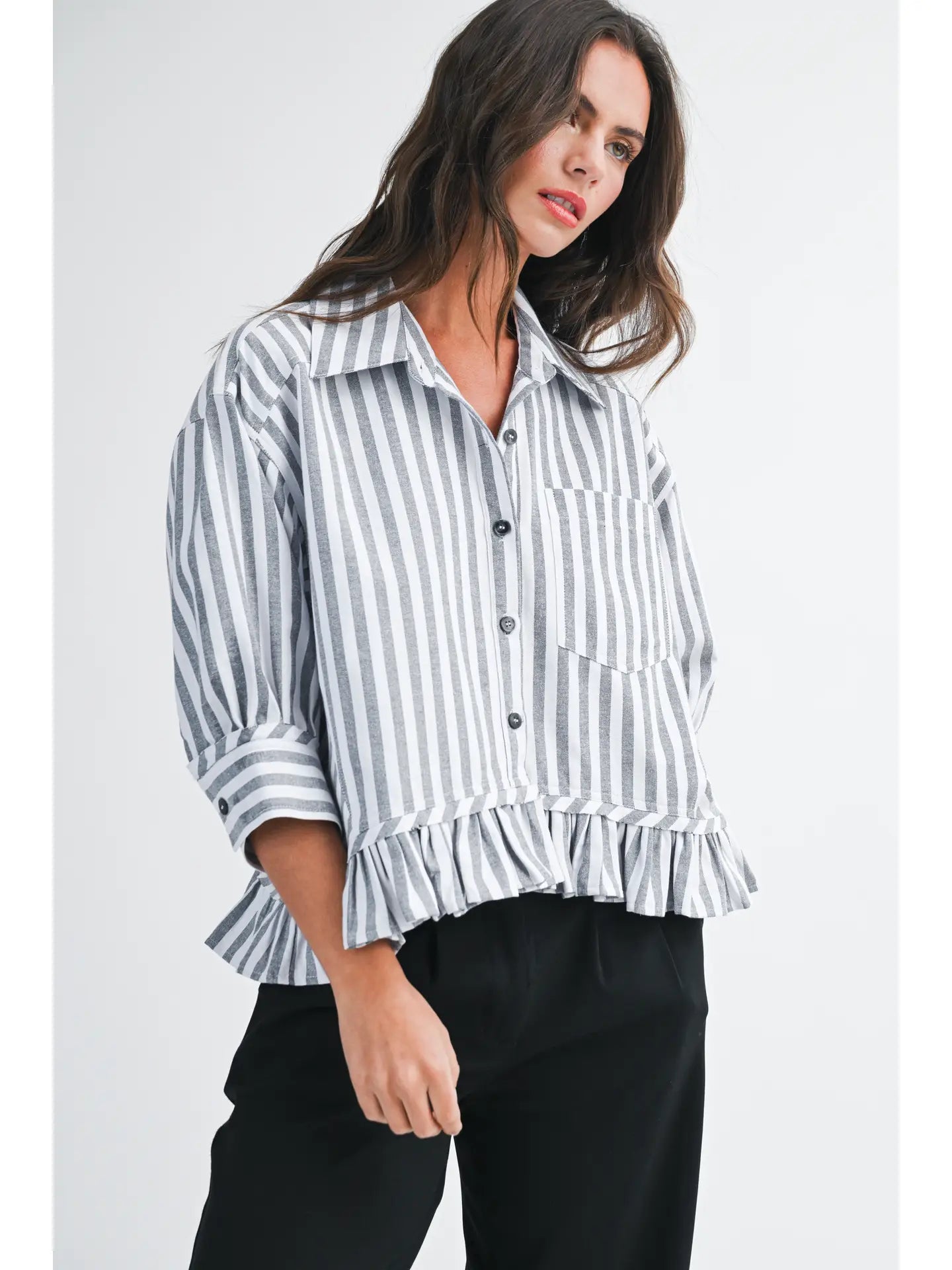 Striped Ruffle Hem Button Down