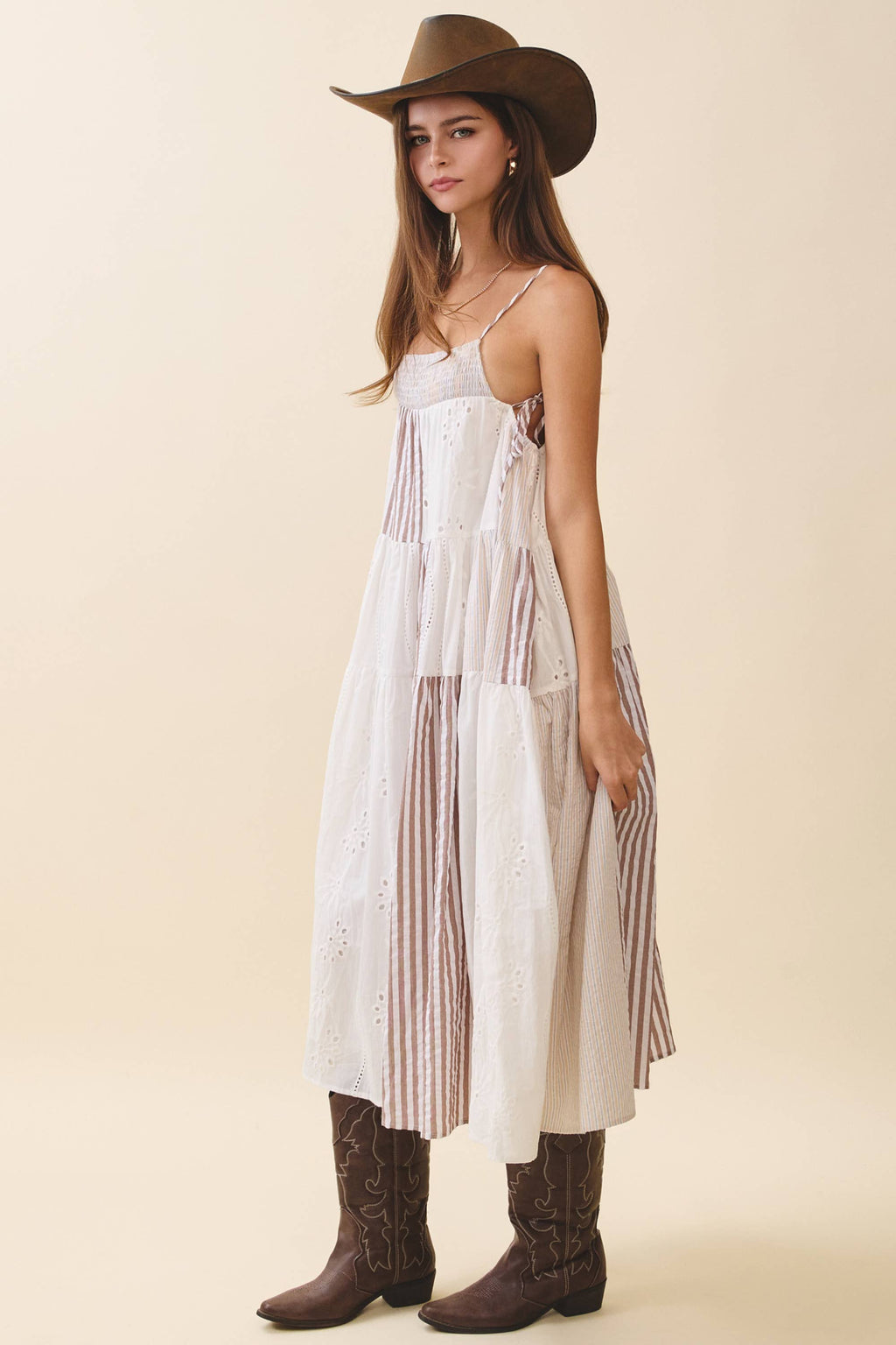 Patchwork Tiered Midi Dress: Brown