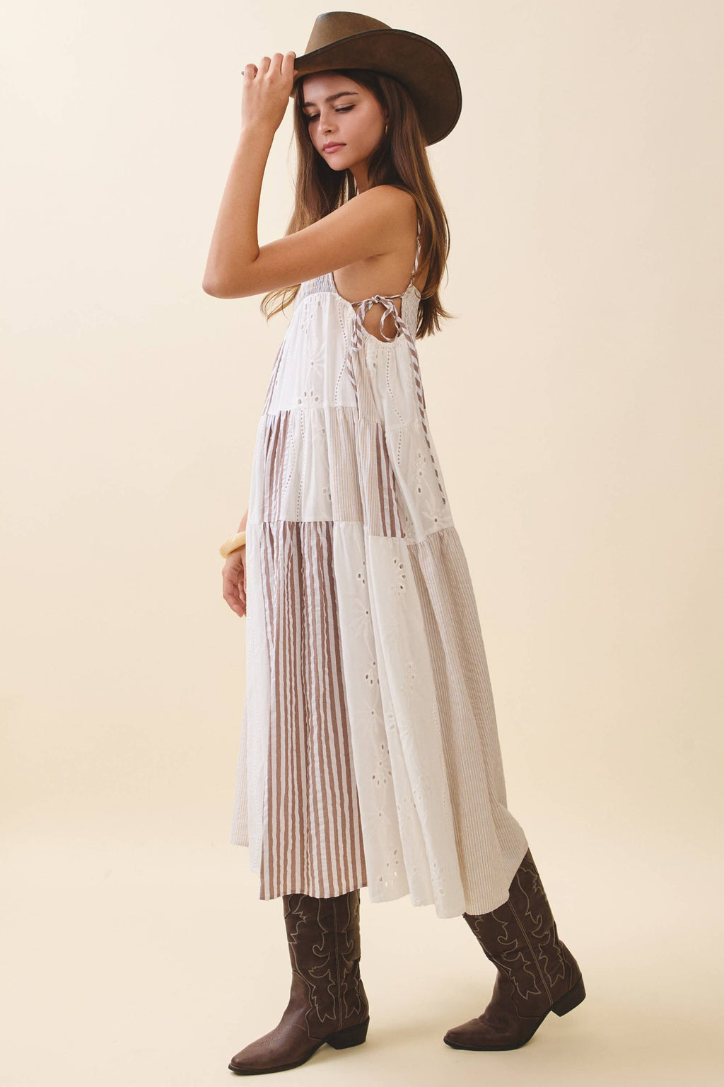 Patchwork Tiered Midi Dress: Brown
