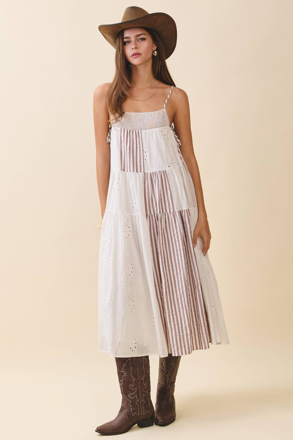 Patchwork Tiered Midi Dress: Brown