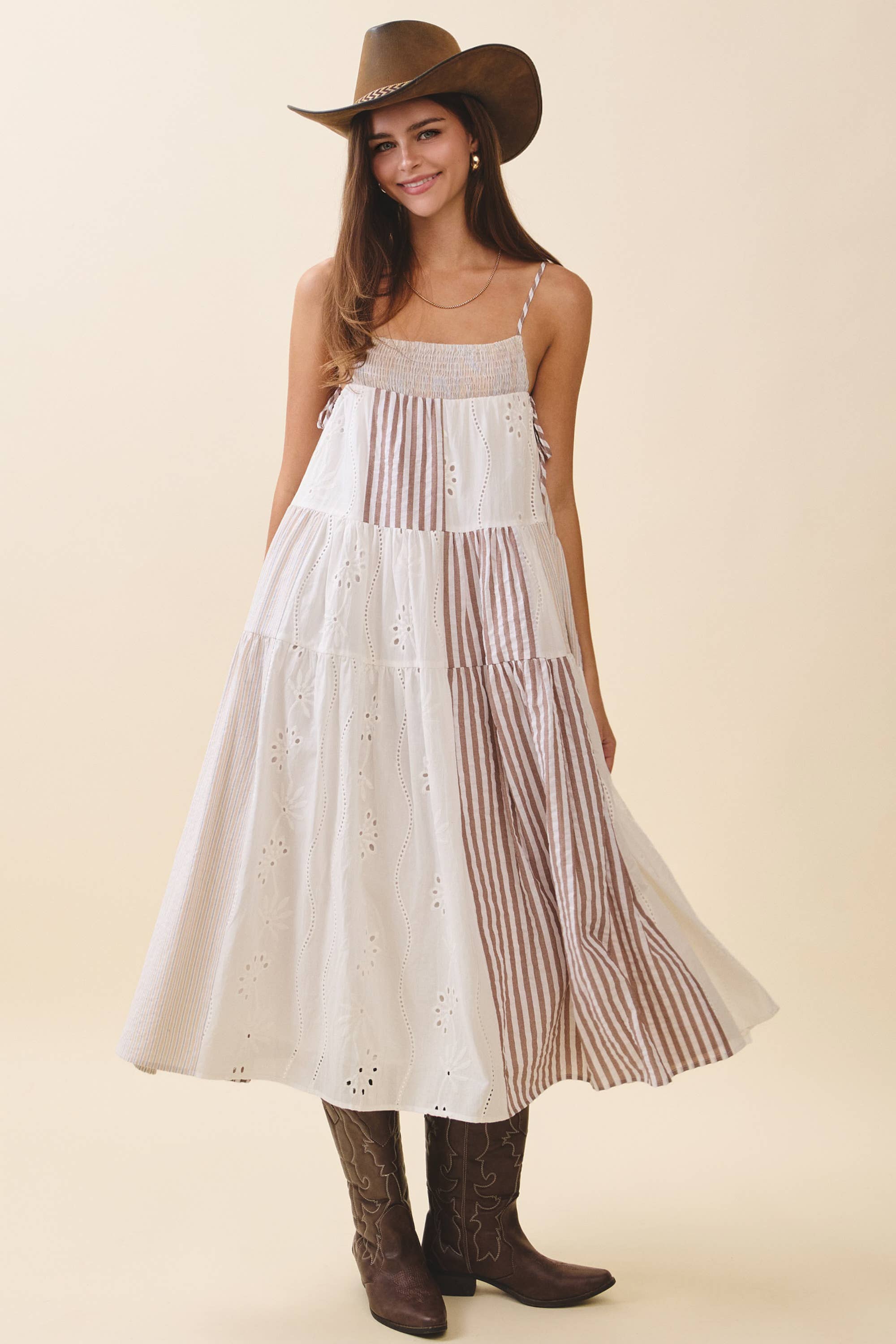 Patchwork Tiered Midi Dress: Brown