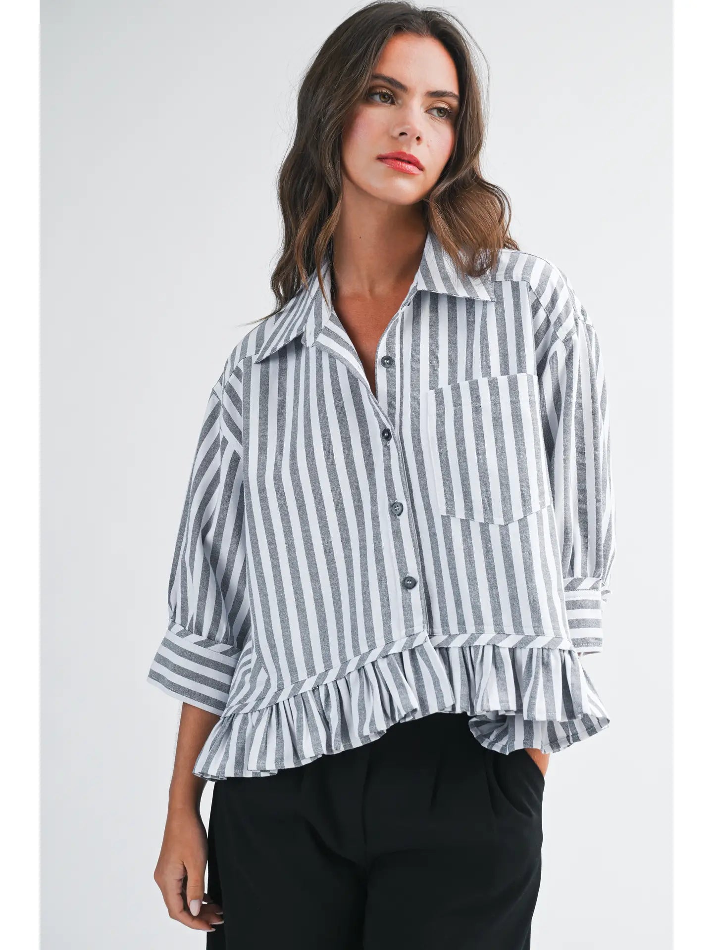 Striped Ruffle Hem Button Down