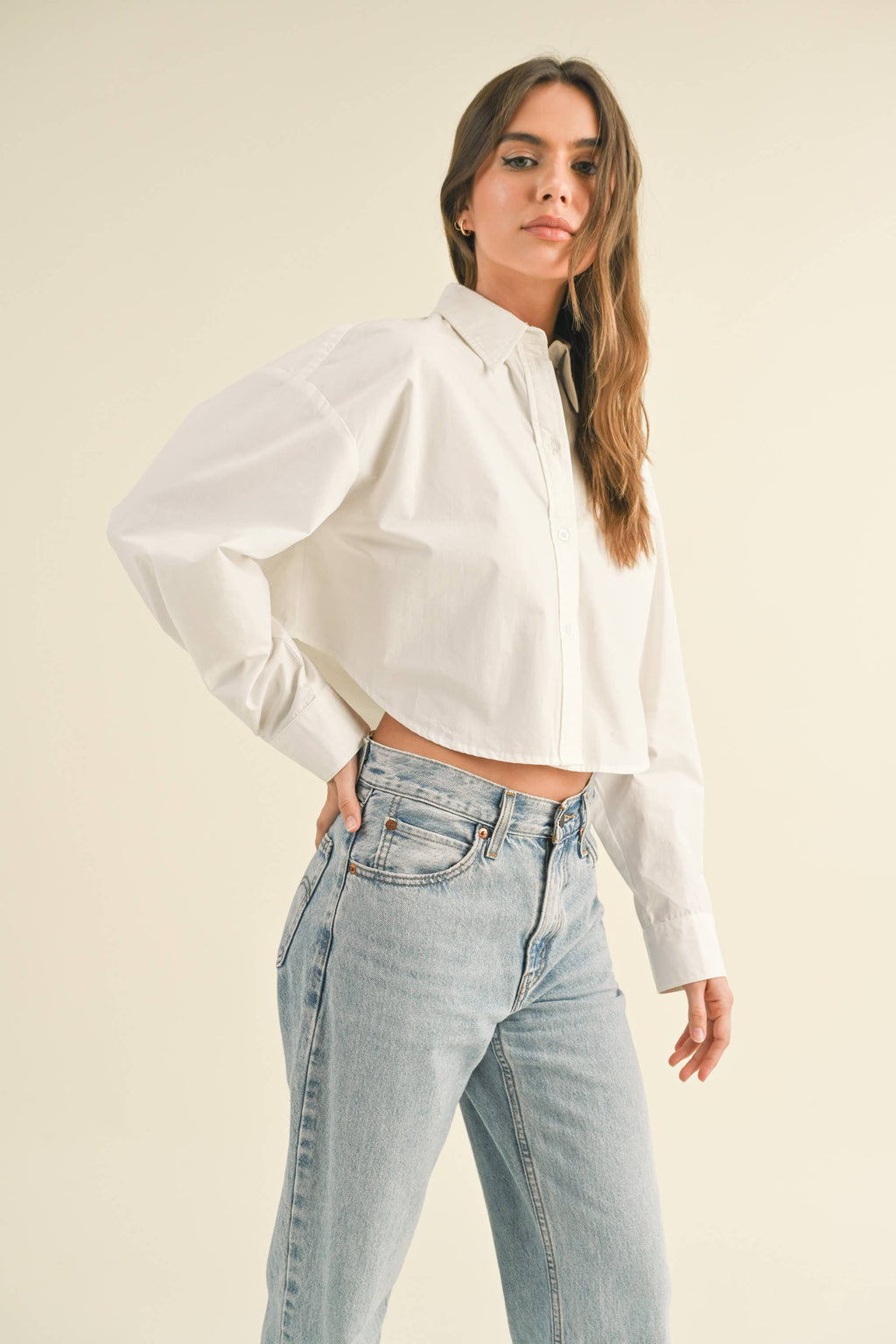 Long Sleeved Cropped Button Down Shirt