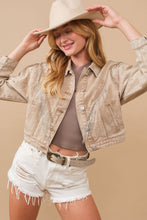 Load image into Gallery viewer, Denim Waist Length Rhinestone Fringe Jacket: CAMEL
