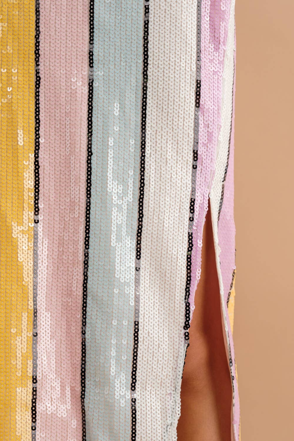 Multi Stripe Sequin Side Slit Midi Pencil Skirt